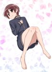  bangs bare_legs barefoot blush brown_eyes brown_hair closed_mouth commentary_request cosplay dot_nose hand_on_own_chest jacket knees_together_feet_apart long_sleeves looking_at_viewer lying miyanaga_saki naked_track_jacket on_back petals pink_x saki short_hair smile solo takakamo_shizuno takakamo_shizuno_(cosplay) track_jacket 