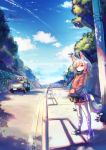  animal_ears bangs day hood hoodie nattorin original road short_hair skirt sky summer tail thighhighs town tree white_hair yellow_eyes 