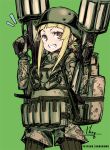  backpack bag blonde_hair brown_eyes commentary_request dual_wielding explosive fukaziroh_(sao) gloves green_background grenade grenade_launcher grin gun helmet holding holding_gun holding_weapon hong_(white_spider) jacket long_hair mgl-140 military military_uniform notice_lines pantyhose patreon_username rightony_&amp;_leftania signature simple_background smile solo standing sword_art_online sword_art_online_alternative:_gun_gale_online trigger_discipline uniform weapon 