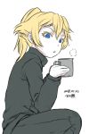  :o blonde_hair blue_eyes cup dated from_side green_jacket green_pants holding jacket looking_at_viewer looking_to_the_side pants parted_lips ponytail signature simple_background sitting solo steam tanya_degurechaff tsukudani_(coke-buta) white_background youjo_senki 