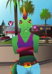  belt bus car cigar city clothing girly gloves jeans lizard makeup male moody orange_eyes palm_tree pants park punk_hair reptile rico scalie shirt shop smoke street tank_top tree upset vandclash vector vehicle watermark 