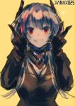  artist_name bandana bangs double_v girls_frontline hair_between_eyes headgear jacket long_hair looking_at_viewer m4_sopmod_ii_(girls_frontline) pink_hair prosthesis prosthetic_arm red_eyes red_hair sharp_teeth smile solo star teeth twitter_username v xanax025 yellow_background 