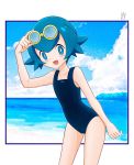  blue_eyes blue_hair blue_sky cloud day goggles goggles_on_head highres koudzuki_(reshika213) one-piece_swimsuit open_mouth pokemon pokemon_(game) pokemon_sm short_hair sky solo suiren_(pokemon) swimsuit texture trial_captain water 