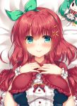  bed_sheet blush bow breasts capelet closed_mouth dakimakura green_bow green_eyes hair_bow hair_ornament hairband hairclip hands_up large_breasts looking_at_viewer lying on_back original red_capelet red_hair short_hair smile solo suzune_rena wristband 