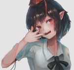  black_hair finger_in_mouth fjsmu hand_to_own_mouth hand_up hat head_tilt highres looking_at_viewer mouth_pull neck_ribbon pointy_ears red_eyes ribbon shameimaru_aya short_hair simple_background smile solo teeth tokin_hat touhou upper_body white_background 