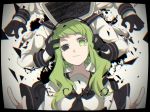  adjusting_headphones black_gloves blurry debris double_v echo_(vocaloid) eiku empty_eyes gloves green_eyes green_hair gumi half-closed_eye half_gloves hand_on_another's_head headphones heterochromia highres long_sleeves looking_at_viewer multiple_arms multiple_hands no_pupils object_head parted_lips sailor_collar school_uniform screen serafuku short_hair_with_long_locks sidelocks song_name static television uneven_eyes v vocaloid wavy_hair 