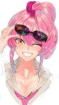  :d breasts cleavage eyewear_on_head hand_up idolmaster idolmaster_cinderella_girls jougasaki_mika necktie one_eye_closed open_mouth pink_hair pink_neckwear simple_background smile solo suisogenshi sunglasses white_background yellow_eyes 