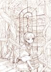  book fantasy garden holding holding_book library monochrome nattorin original overgrown plant running short_hair sketch smile twintails vines window 