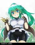  absurdres blue_eyes breasts collar dated duel_monster gloves green_hair hair_ornament highres jacket jewelry large_breasts long_hair looking_at_viewer ponytail shorts solo spirit-edge staff winda_priestess_of_gusto yuu-gi-ou 
