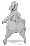  2018 anthro australian big_breasts big_butt boots breasts butt clothed clothing croc_(vimhomeless) crocodilian female footwear hi_res huge_butt looking_back monochrome ranged_weapon reptile scalie shorts simple_background smile solo thick_thighs topless vimhomeless voluptuous weapon white_background wide_hips 