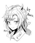  alpaca_ears animal_ears anniversary blush character_request closed_mouth collared_shirt commentary_request copyright_request greyscale heart long_hair looking_at_viewer monochrome portrait satsuki_neko shirt simple_background smile solo white_background wing_collar 