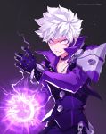 add_(elsword) bracelet chain choker clenched_hand collared_shirt elsword energy epaulettes facial_tattoo gloves grin highres jewelry lunatic_psyker_(elsword) necklace pixel_(monorainy) purple_eyes purple_shirt shirt smile tattoo vest white_hair 