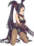  animal_ears bare_shoulders black_footwear black_hair black_hairband black_legwear black_leotard blue_eyes breasts brown_legwear bunny_ears bunnysuit choker claw_(weapon) cleavage closed_mouth coattails collarbone dragon_quest dragon_quest_xi eyebrows_visible_through_hair eyelashes eyes_visible_through_hair fake_animal_ears fishnet_pantyhose fishnets frown hairband heart heart_choker high_heels highres kneeling large_breasts leotard long_hair martina_(dq11) moyamu pantyhose ponytail red_choker shoes simple_background solo spikes very_long_hair weapon white_background 