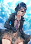  backlighting bangs black_jacket blue_hair blue_sky bob_cut brown_skirt cloud cloudy_sky collarbone collared_shirt cowboy_shot darling_in_the_franxx day diagonal-striped_neckwear diagonal_stripes from_below green_eyes hair_ornament hair_over_one_eye hairclip highres ichigo_(darling_in_the_franxx) jacket long_sleeves looking_at_viewer looking_down loose_necktie miniskirt necktie open_clothes open_jacket outdoors plaid plaid_skirt pleated_skirt school_uniform shiny shiny_hair shirt short_hair silver_(suwakosuwako) skirt sky solo standing striped striped_neckwear swept_bangs tongue tongue_out unzipped white_pupils white_shirt 