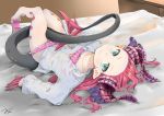  absurdres between_legs bikini blue_eyes collarbone curled_horns dragon_horns dragon_tail dress_shirt elizabeth_bathory_(fate) elizabeth_bathory_(fate)_(all) fang fate/extella fate/extra fate_(series) frilled_bikini frills highres horns looking_at_viewer lying nightstand on_back on_bed partially_unbuttoned pink_bikini pink_hair pointy_ears polka_dot polka_dot_bikini sandals shirt signature smile solo swimsuit tahira_ureka tail tail_between_legs wet wet_clothes wet_shirt 