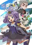  1girl acerola_(pokemon) alolan_form alolan_meowth armlet black_jacket blue_sky blush_stickers cloud commentary_request day dress elite_four flipped_hair gen_1_pokemon gen_7_pokemon gengar grey_hair hair_ornament highres island_kahuna jacket kingin kuchinashi_(pokemon) mimikyu multicolored multicolored_clothes multicolored_dress one_eye_closed pokemon pokemon_(anime) pokemon_(creature) pokemon_sm_(anime) purple_eyes purple_hair red_eyes short_hair sky stitches trial_captain 