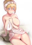  arm_support bar_censor between_breasts blend_s blonde_hair blue_eyes blush breasts censored closed_mouth collarbone eyebrows_visible_through_hair furrowed_eyebrows hair_between_eyes hair_up hand_between_breasts highres hinata_kaho holding holding_towel large_breasts lun7732 naked_towel nipple_slip nipples nose_blush pussy sitting smile solo towel wet white_background 