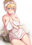 arm_support between_breasts blend_s blonde_hair blue_eyes blush breasts closed_mouth collarbone eyebrows_visible_through_hair hair_between_eyes hair_up hand_between_breasts highres hinata_kaho large_breasts lun7732 naked_towel nose_blush sitting smile solo towel wet white_background 