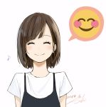  brown_hair closed_eyes closed_mouth commentary emoji facing_viewer highres humming musical_note original overalls sako_(user_ndpz5754) shirt short_hair signature simple_background smile solo upper_body white_background white_shirt 