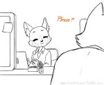  aggressive_retsuko aggressivehasana anthro canine clothed clothing computer eyes_closed female laptop male mammal maned_wolf ookami_(aggressive_retsuko) red_panda retsuko simple_background sitting smile 