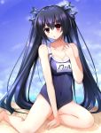  bangs black_hair blue_swimsuit blush breasts doria_(5073726) hair_between_eyes hair_ornament highres long_hair looking_at_viewer name_tag neptune_(series) noire one-piece_swimsuit red_eyes ribbon school_swimsuit solo swimsuit twintails 