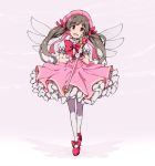  asterisk_(artist) bow bowtie brown_eyes brown_hair cardcaptor_sakura cosplay dress fairy_wings fuuin_no_tsue hair_ornament hakozaki_serika idolmaster idolmaster_million_live! kinomoto_sakura kinomoto_sakura_(cosplay) long_hair magical_girl open_mouth pantyhose pink_dress red_bow red_footwear red_neckwear smile twintails wand white_legwear wings 