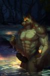  2015 5_fingers abs absurd_res akita animal_genitalia animal_penis anthro balls biceps big_muscles black_nose black_penis brown_fur canine canine_penis claws detailed detailed_background digital_media_(artwork) dog erection forest fur grey_fur hi_res inner_ear_fluff knot lagoon looking_at_viewer male mammal multicolored_fur muscular muscular_male navel night nude orange_eyes outside pecs penis raised_tail slit_pupils solo standing stone tree water wet wolf xuan_sirius yellow_eyes 