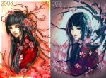  artist_progress bangs black_eyes blue_hair blunt_bangs branch cherry_blossoms dated japanese_clothes kimono long_hair looking_at_viewer multiple_girls original red_eyes red_kimono upper_body watermark web_address wenqing_yan 