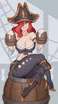  bare_shoulders barrel black_pants blue_eyes boots breasts cleavage crossed_legs hat high_heels highres large_breasts league_of_legends long_hair midriff pants pirate_hat red_hair sarah_fortune sitting solo splashbrush 