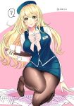  ? adapted_costume alternate_costume atago_(kantai_collection) beret black_footwear black_legwear blonde_hair blue_hat blue_skirt blue_vest breasts commentary_request cup full_body green_eyes hat highres irokiiro kantai_collection large_breasts long_hair looking_at_viewer miniskirt office_lady pantyhose paper pencil_skirt pumps shirt simple_background skirt solo squatting teacup tray two-tone_background vest white_background white_shirt 