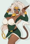  90s aisha_clanclan animal_ears aqua_eyes arms_up bad_anatomy bare_shoulders bell bell_collar belt breasts cat_ears cat_girl cat_tail circlet cleavage collar commentary dark_skin english_commentary fangs gold_trim hair_intakes highres huge_breasts jingle_bell long_hair open_mouth outlaw_star pointy_ears sagging_breasts slit_pupils slugbox smile solo sweat tail thighs very_long_hair white_background white_hair 