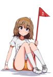  asterisk_(artist) blue_eyes brown_hair buruma flag hair_ornament hairband idolmaster idolmaster_million_live! kneehighs light_brown_hair name_tag navy_pants orange_hairband orange_pants red_flag shirt shoes short_hair sneakers socks suou_momoko white_shirt white_wristband wristband 