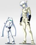 android bangs black_magic_m-66 commentary crossover drossel_von_flugel fireball_(series) fugakuhyakkei full_body gradient gradient_background green_eyes grey_background height_difference long_hair looking_at_another looking_down m-66 multiple_girls no_humans oldschool robot robot_ears robot_joints standing twintails white_hair 