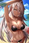  ahoge arm_up armpits bangs bare_shoulders beach bikini black_bikini black_bow bow breasts cleavage collarbone commentary_request dark_skin day fate/grand_order fate_(series) grey_eyes hair_between_eyes hair_bow hair_ornament highres hips innertube large_breasts long_hair looking_at_viewer navel ocean okita_souji_(alter)_(fate) okita_souji_(fate)_(all) open_mouth palm_tree rin_yuu solo sunlight swimsuit tassel thighs tree very_long_hair wet white_hair 
