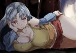  breasts chin_rest cleavage collarbone commentary_request covered_nipples detached_sleeves fang hand_on_hip large_breasts long_hair looking_at_viewer lying miniskirt on_side red_eyes red_skirt sakata_nemuno silver_hair skirt skirt_tug thighs touhou yohane 