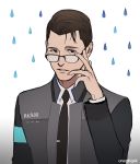  black-framed_eyewear black_eyes black_jacket brown_hair commentary_request connor_(detroit) detroit:_become_human gradient gradient_background hand_up jacket kanapy long_sleeves looking_at_viewer male_focus parted_lips rain signature solo water_drop white_background 