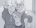  anthro canine chest_tuft claws clothed clothing clothing_lift coat disney duo eye_contact fur gary_(zootopia) greyscale hand_on_chest jacket larry_(zootopia) male male/male mammal monochrome pants shirt shirt_lift smile surprise takemoto_arashi teeth tuft undressing white_fur wolf zootopia 