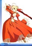 absurdres aestus_estus ahoge arm_up ass back_cutout bangs blonde_hair braid breasts butt_crack detached_sleeves dress epaulettes eyebrows_visible_through_hair fate/extra fate_(series) from_behind green_eyes hair_intakes hair_ribbon highres holding holding_sword holding_weapon long_sleeves looking_at_viewer looking_back medium_breasts nero_claudius_(fate) nero_claudius_(fate)_(all) open_mouth page_number puffy_sleeves red_dress ribbon scan simple_background smile solo sword wada_aruko weapon white_background 