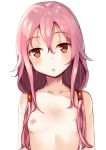  :o absurdres breasts collarbone guilty_crown hair_between_eyes highres long_hair looking_at_viewer nipples nude pear_sauce pink_hair red_eyes simple_background small_breasts solo twintails upper_body white_background yuzuriha_inori 