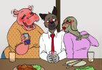  aggressive_retsuko aggressivehasana anthro blush chopsticks eyewear female flirting food glasses haida hippopotamus hyena kabae komodo_dragon lipstick lizard makeup mammal monitor_lizard open_mouth phone reptile sanrio scalie scatherine smile 