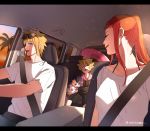  2girls ahoge blonde_hair blue_eyes blue_hair blush boruto:_naruto_next_generations brother_and_sister car car_interior closed_eyes contemporary driving grandfather_and_granddaughter grandfather_and_grandson grandmother_and_granddaughter grandmother_and_grandson ground_vehicle innertube long_hair motor_vehicle multiple_boys multiple_girls namikaze_minato naruto naruto_(series) nonko_(mccss00252) palm_tree red_hair seatbelt short_hair siblings sleeping stuffed_animal stuffed_panda stuffed_toy sunset tree twitter_username uzumaki_boruto uzumaki_himawari uzumaki_kushina 