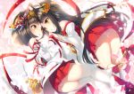  :d animal_ears ass azur_lane bangs bare_shoulders bell black_hair blush brown_eyes commentary_request detached_sleeves dress dutch_angle eye_contact eyebrows_visible_through_hair fox_ears hair_ornament hands_together hands_up highres japanese_clothes jingle_bell kagura_suzu kimono kneehighs long_hair long_sleeves looking_at_another mayuzaki_yuu miko multiple_girls mutsu_(azur_lane) nagato_(azur_lane) open_mouth panties parted_lips petals pleated_dress pleated_skirt red_dress red_ribbon red_skirt ribbon ribbon-trimmed_sleeves ribbon_trim short_hair short_kimono skirt sleeves_past_wrists smile thighhighs underwear very_long_hair white_kimono white_legwear white_panties wide_sleeves 