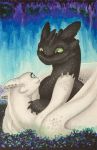  2018 black_skin blue_eyes dragon duo female feral green_eyes how_to_train_your_dragon hug light_fury lying male night_fury nubless romantic_couple samantha-dragon toothless traditional_media_(artwork) white_skin 