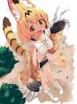  :d alternate_costume blonde_hair boots bow bowtie breasts bush claw_(weapon) collarbone commentary_request detached_sleeves fang fur-trimmed_shorts highres kemono_friends looking_at_viewer makuran open_mouth serval_(kemono_friends) serval_print serval_tail short_hair short_shorts shorts smile solo tail weapon white_footwear 