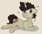  &lt;3 black_hair blush chest_tuft cute cutie_mark equine fan_character floppy_ears fur hair hooves horn lying male mammal marsminer my_little_pony nude on_front pone_keith portrait simple_background smile solo teal_eyes tuft unicorn white_background 