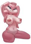  2018 anthro areola babs_bunny blue_eyes breasts buckteeth eyelashes female half-closed_eyes hands_behind_head hi_res lagomorph looking_at_viewer mammal navel nipples pink_nose rabbit saran-rape simple_background solo teeth tiny_toon_adventures warner_brothers white_background wide_hips 