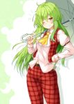  ;) aka_tawashi ascot belt blush breasts commentary_request crescent eyebrows_visible_through_hair feet_out_of_frame green_background green_hair hair_between_eyes hand_on_hip head_tilt highres holding holding_umbrella index_finger_raised kazami_yuuka kazami_yuuka_(pc-98) long_hair long_sleeves medium_breasts navel one_eye_closed pants plaid plaid_pants plaid_vest red_eyes red_pants red_vest shirt silhouette smile solo standing touhou touhou_(pc-98) two-tone_background umbrella vest white_background white_shirt wing_collar yellow_neckwear 