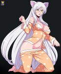  animal_ears animal_print artist_logo bakemonogatari barefoot black_hanekawa breasts cat_ears cat_print commentary english_commentary fingernails hanekawa_tsubasa kneeling kyoffie12 large_breasts long_hair monogatari_(series) navel off_shoulder pajamas parted_lips print_pajamas silver_hair slit_pupils solo very_long_hair yellow_eyes 