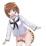  :d a1 animal_ears breasts brown_eyes brown_hair commentary_request cowboy_shot crossover girls_und_panzer long_sleeves medium_breasts nishizumi_miho no_pants open_mouth outstretched_arms panties parody pink_panties sailor_collar sailor_shirt shirt short_hair simple_background smile solo tail tiger_ears tiger_tail underwear white_background world_witches_series 