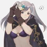  bikini breasts brown_gloves cape cleavage commentary_request female_my_unit_(fire_emblem:_kakusei) fire_emblem fire_emblem:_kakusei fire_emblem_heroes gloves hair_ornament kyufe long_hair musical_note my_unit_(fire_emblem:_kakusei) o-ring o-ring_bikini seashell seashell_hair_ornament shell simple_background smile solo spoken_musical_note swimsuit twintails upper_body white_hair 